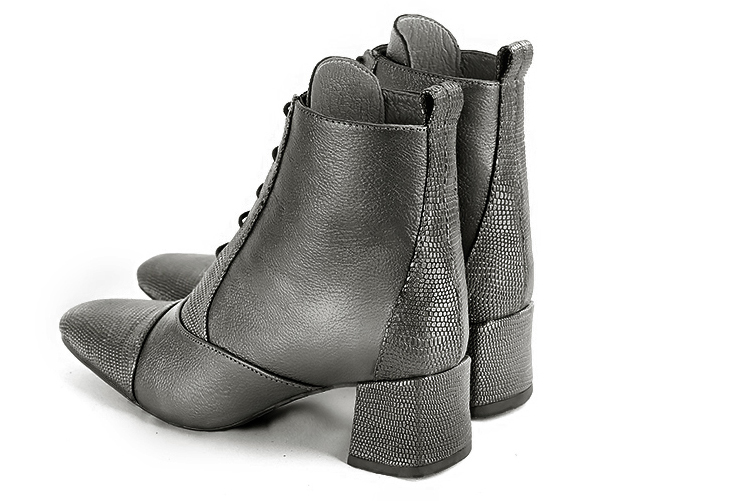 Dark grey women's ankle boots with laces at the front. Square toe. Medium block heels. Rear view - Florence KOOIJMAN